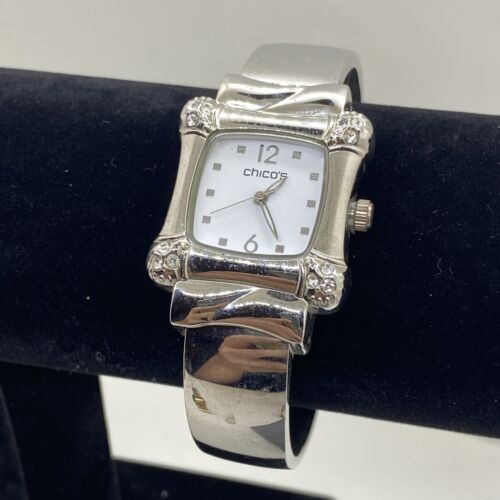 Chico's Women's Watch Silver Cuff Bangle Rhinestone Accent  Square 27mm