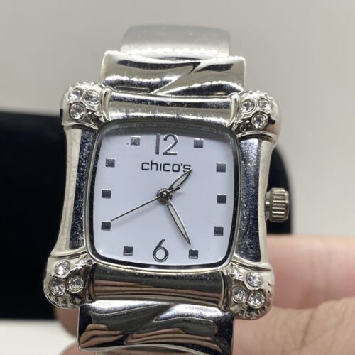 Chico's Women's Watch Silver Cuff Bangle Rhinestone Accent  Square 27mm