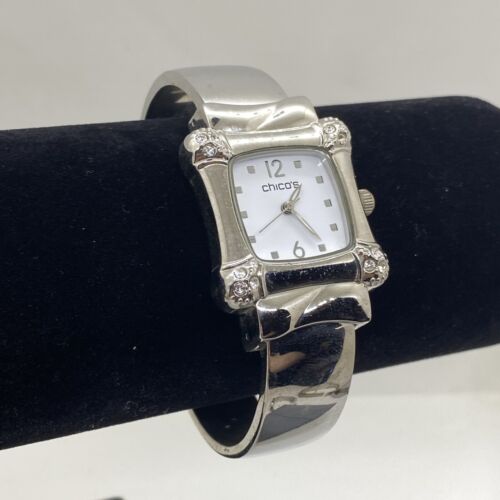 Chico's Women's Watch Silver Cuff Bangle Rhinestone Accent  Square 27mm