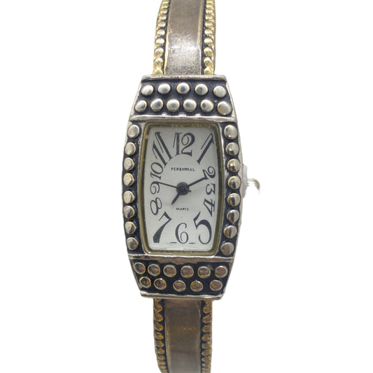 Geneva Women's Watch Cuff Bangle Studded Bezel Two Tone Silver Gold 25mm