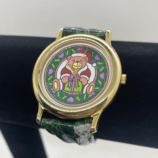 Vintage Consort Christmas Watch Teddy Bear Green Strap 38mm Dial