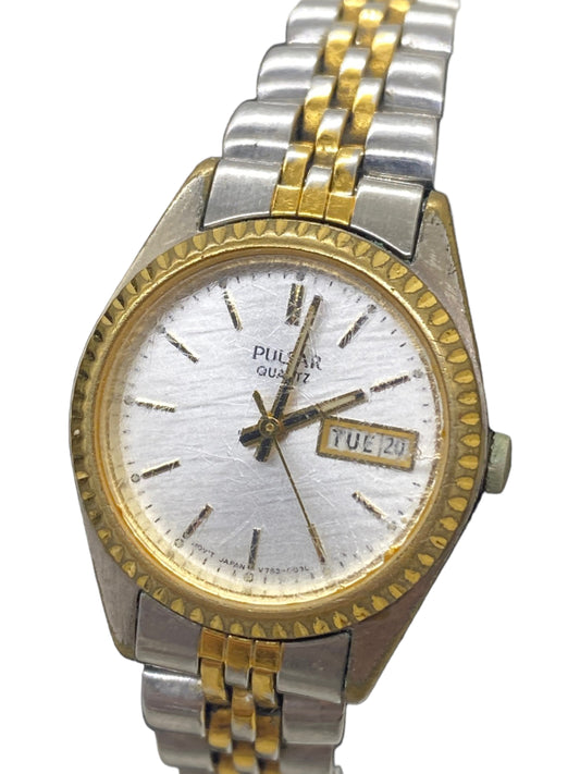 VTG Pulsar Women's Gold Silver Tone Quartz Watch - White Dial Daydate, 24mm