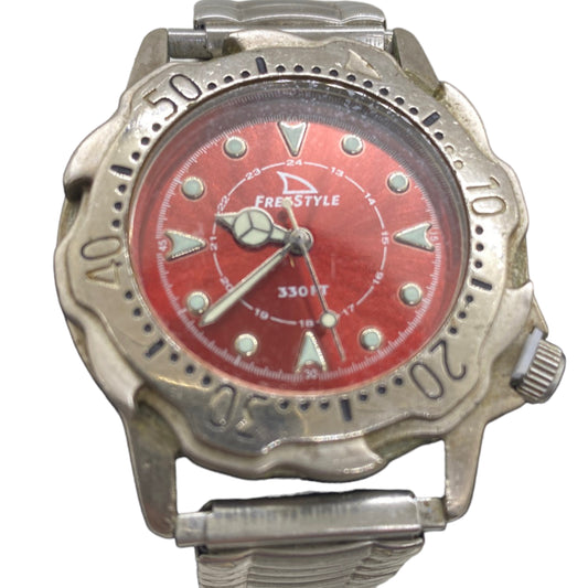 FreeStyle Unisex Watch Silver Tone Red Sunburst Dial 38mm  WR 330FT Stretch Band