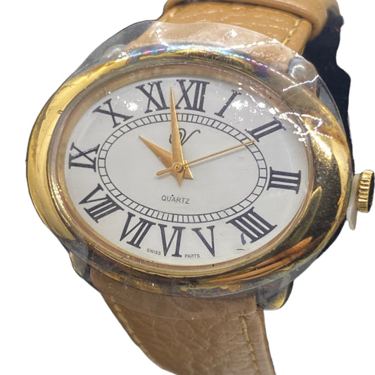 VERONESE GOLD ON STERLING SILVER Women's Oval Wristwatch - Tan Leather Band